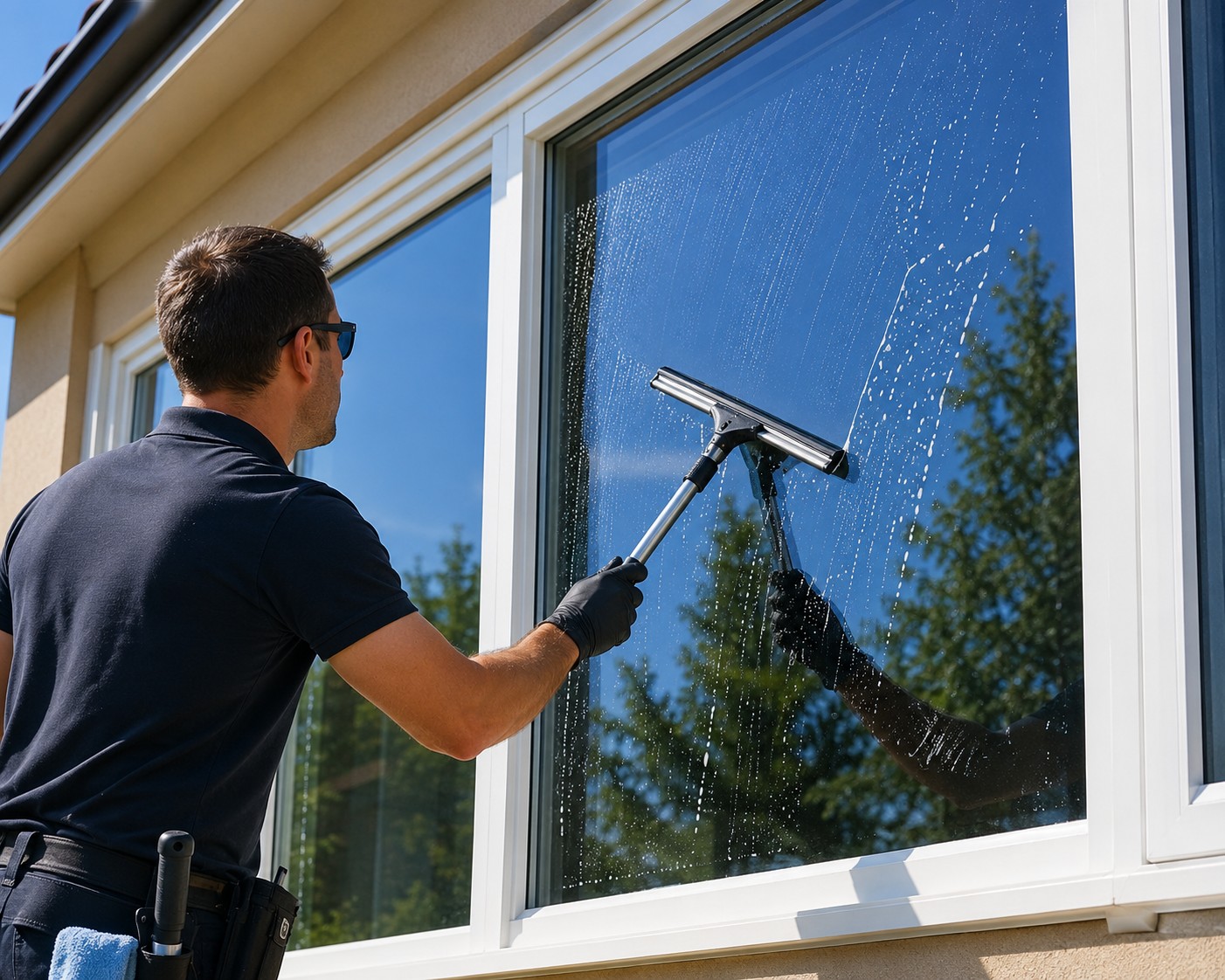 Professional exterior window cleaning in progress
